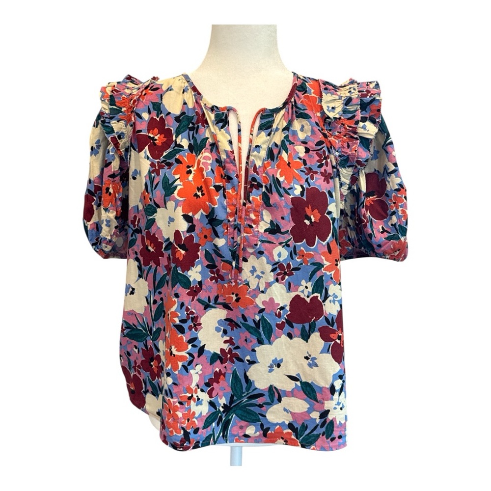 Karlie Floral Print Short Sleeve Blouse Ruffle Feature Size S Cream Pink Loose